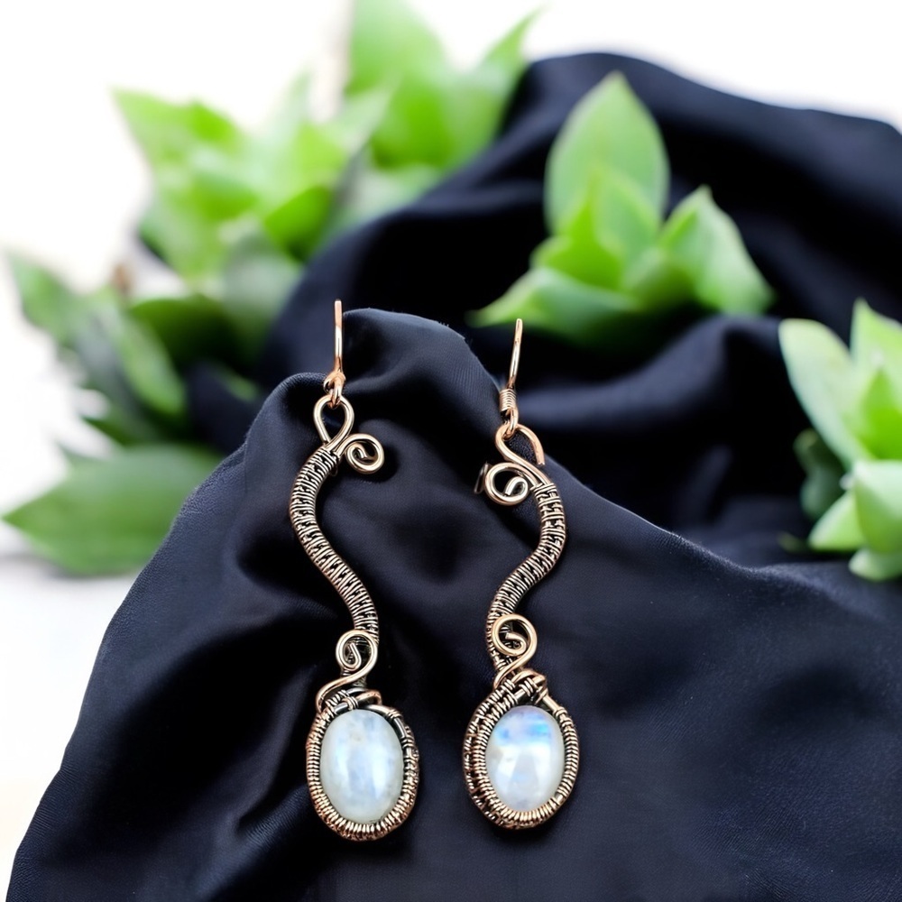 Copper Wrapped Hand Crafted Artisan Rainbow Moonstone Earrings - Picture 1 of 7